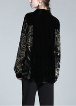 Load image into Gallery viewer, Elegant Black Peter Pan Collar Print Patchwork Button Silk Velour Shirt Long Sleeve