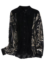 Load image into Gallery viewer, Elegant Black Peter Pan Collar Print Patchwork Button Silk Velour Shirt Long Sleeve