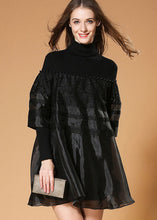 Load image into Gallery viewer, Elegant Black Turtle Neck Nail Bead Patchwork Organza Knit Dresses Spring