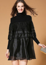 Load image into Gallery viewer, Elegant Black Turtle Neck Nail Bead Patchwork Organza Knit Dresses Spring