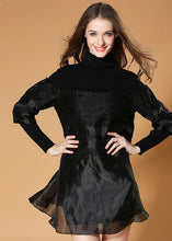 Load image into Gallery viewer, Elegant Black Turtle Neck Nail Bead Patchwork Organza Knit Dresses Spring