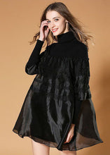 Load image into Gallery viewer, Elegant Black Turtle Neck Nail Bead Patchwork Organza Knit Dresses Spring