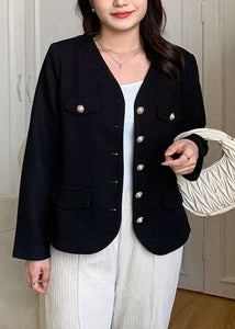 Elegant Black V Neck Button Patchwork Cotton Coats Fall