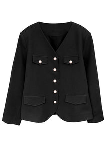 Elegant Black V Neck Button Patchwork Cotton Coats Fall