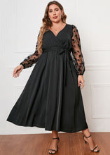 Load image into Gallery viewer, Elegant Black V Neck Embroideried Tie Waist Patchwork Chiffon Dresses Fall