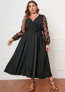 Elegant Black V Neck Embroideried Tie Waist Patchwork Chiffon Dresses Fall