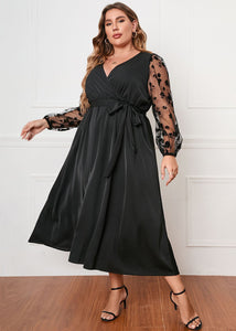 Elegant Black V Neck Embroideried Tie Waist Patchwork Chiffon Dresses Fall