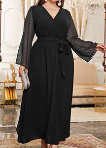 Elegant Black V Neck Tulle Patchwork Tie Waist Solid Chiffon Long Dress Long Sleeve