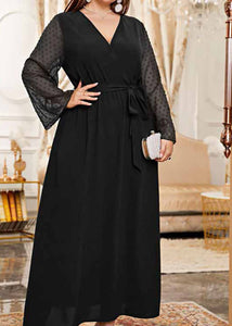 Elegant Black V Neck Tulle Patchwork Tie Waist Solid Chiffon Long Dress Long Sleeve