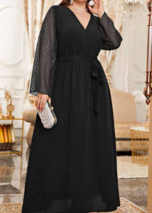 Elegant Black V Neck Tulle Patchwork Tie Waist Solid Chiffon Long Dress Long Sleeve