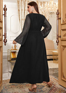 Elegant Black V Neck Tulle Patchwork Tie Waist Solid Chiffon Long Dress Long Sleeve
