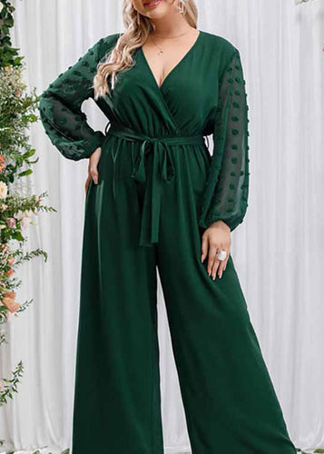 Elegant Blackish Green Bow Tie Waist Chiffon Jumpsuits Long Sleeve