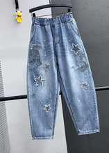 Load image into Gallery viewer, Elegant Blue Embroideried Pockets Elastic Waist Denim Crop Pants Summer