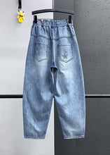 Load image into Gallery viewer, Elegant Blue Embroideried Pockets Elastic Waist Denim Crop Pants Summer