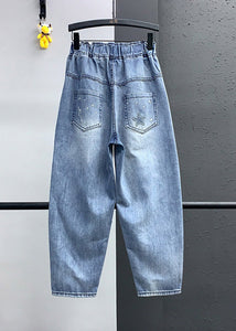 Elegant Blue Embroideried Pockets Elastic Waist Denim Crop Pants Summer