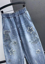 Load image into Gallery viewer, Elegant Blue Embroideried Pockets Elastic Waist Denim Crop Pants Summer