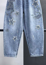 Load image into Gallery viewer, Elegant Blue Embroideried Pockets Elastic Waist Denim Crop Pants Summer