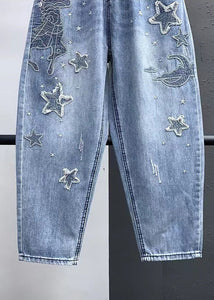 Elegant Blue Embroideried Pockets Elastic Waist Denim Crop Pants Summer