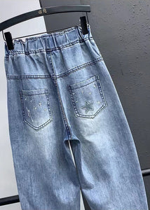 Elegant Blue Embroideried Pockets Elastic Waist Denim Crop Pants Summer