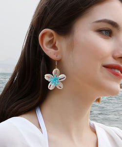 Elegant Blue Floral Knit Fabric Shell Drop Earrings