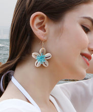 Load image into Gallery viewer, Elegant Blue Floral Knit Fabric Shell Drop Earrings