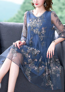 Elegant Blue O-Neck Embroideried Patchwork Tulle Vacation Dresses Half Sleeve