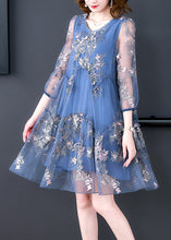 Load image into Gallery viewer, Elegant Blue O-Neck Embroideried Patchwork Tulle Vacation Dresses Half Sleeve