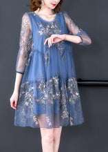 Load image into Gallery viewer, Elegant Blue O-Neck Embroideried Patchwork Tulle Vacation Dresses Half Sleeve