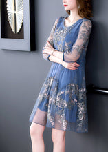 Load image into Gallery viewer, Elegant Blue O-Neck Embroideried Patchwork Tulle Vacation Dresses Half Sleeve