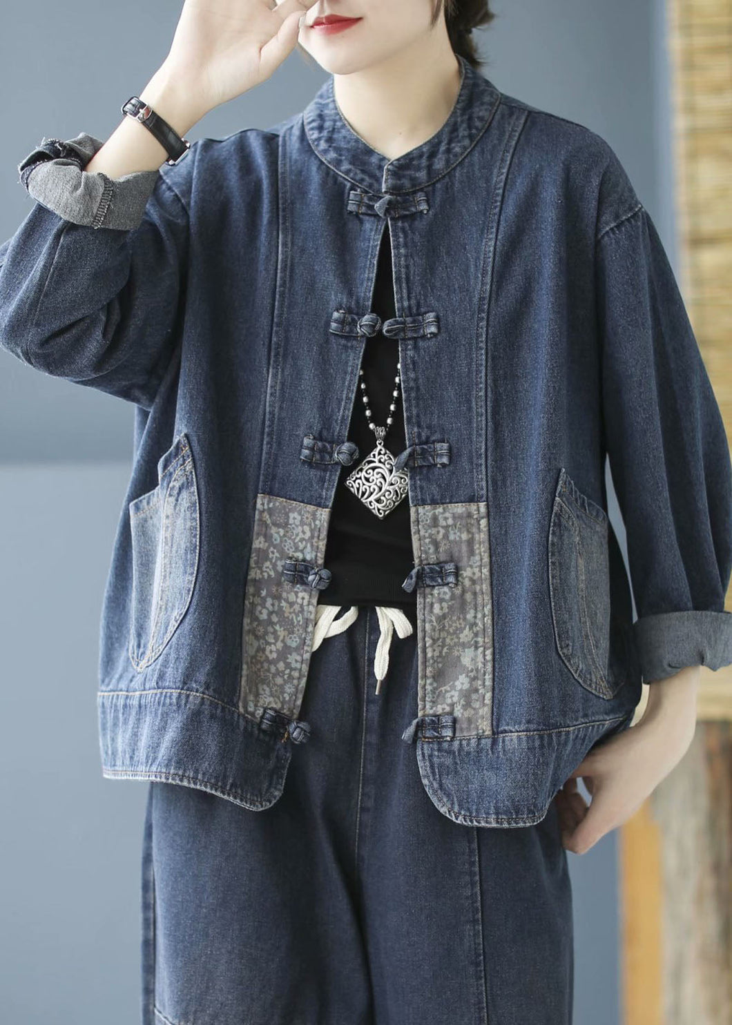 Elegant Blue Pockets Button Patchwork Fall Denim Long sleeve Coat