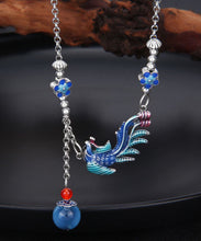 Load image into Gallery viewer, Elegant Blue Sterling Silver Cloisonne Phoenix Tassel Pendant Necklace