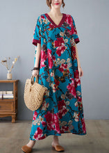 Load image into Gallery viewer, Elegant Blue V Neck Patchwork Print Cotton Dresses Short Sleeve