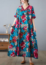 Load image into Gallery viewer, Elegant Blue V Neck Patchwork Print Cotton Dresses Short Sleeve