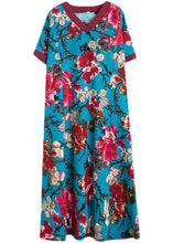 Load image into Gallery viewer, Elegant Blue V Neck Patchwork Print Cotton Dresses Short Sleeve