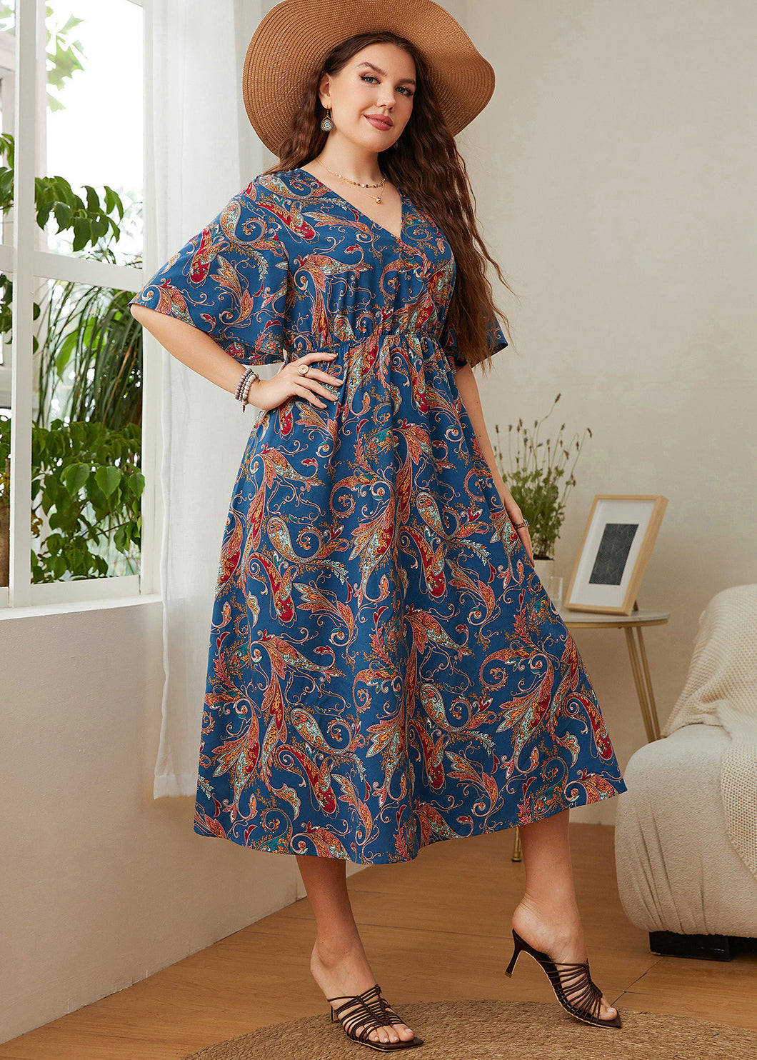 Elegant Blue V Neck Print Patchwork Chiffon Maxi Dress Summer