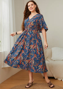 Elegant Blue V Neck Print Patchwork Chiffon Maxi Dress Summer