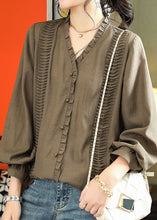 Load image into Gallery viewer, Elegant Brown V Neck Ruffled Patchwork Chiffon Blouse Long Sleeve