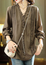 Load image into Gallery viewer, Elegant Brown V Neck Ruffled Patchwork Chiffon Blouse Long Sleeve