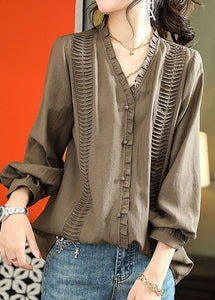 Elegant Brown V Neck Ruffled Patchwork Chiffon Blouse Long Sleeve