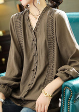 Load image into Gallery viewer, Elegant Brown V Neck Ruffled Patchwork Chiffon Blouse Long Sleeve