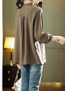 Elegant Brown V Neck Ruffled Patchwork Chiffon Blouse Long Sleeve