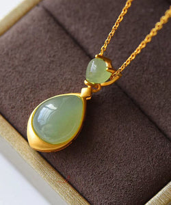 Elegant Green Sterling Silver 18K Gold Inlaid Jade Pendant Necklace