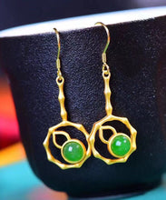 Load image into Gallery viewer, Elegant Green Sterling Silver Overgild Jade Gourd Drop Earrings