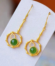 Load image into Gallery viewer, Elegant Green Sterling Silver Overgild Jade Gourd Drop Earrings