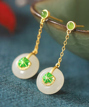 Load image into Gallery viewer, Elegant Green Sterling Silver Overgild Jade Lotus Drop Earrings