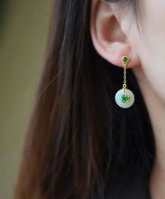 Load image into Gallery viewer, Elegant Green Sterling Silver Overgild Jade Lotus Drop Earrings