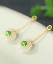 Load image into Gallery viewer, Elegant Green Sterling Silver Overgild Jade Lotus Drop Earrings