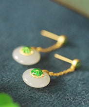 Load image into Gallery viewer, Elegant Green Sterling Silver Overgild Jade Lotus Drop Earrings