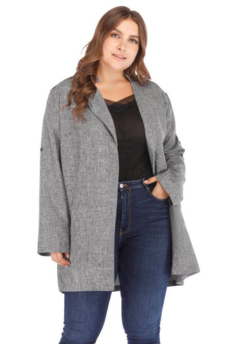 Elegant Grey Notched Patchwork Long Cardigan Fall