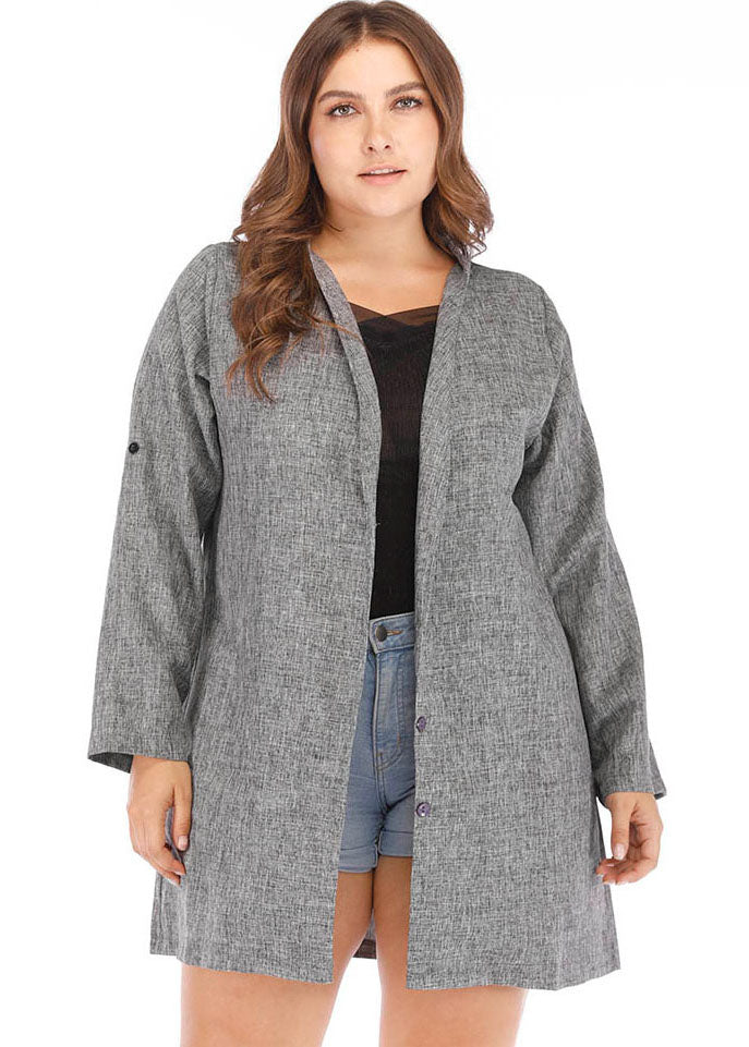 Elegant Grey V Neck Patchwork Button Trench Coats Long Sleeve